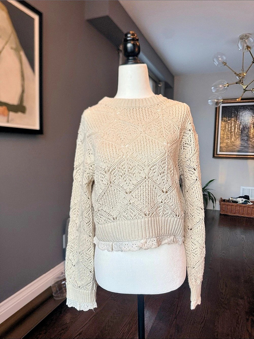 Zara- Cable Knit Lace Trim Sweater in Cream Like New